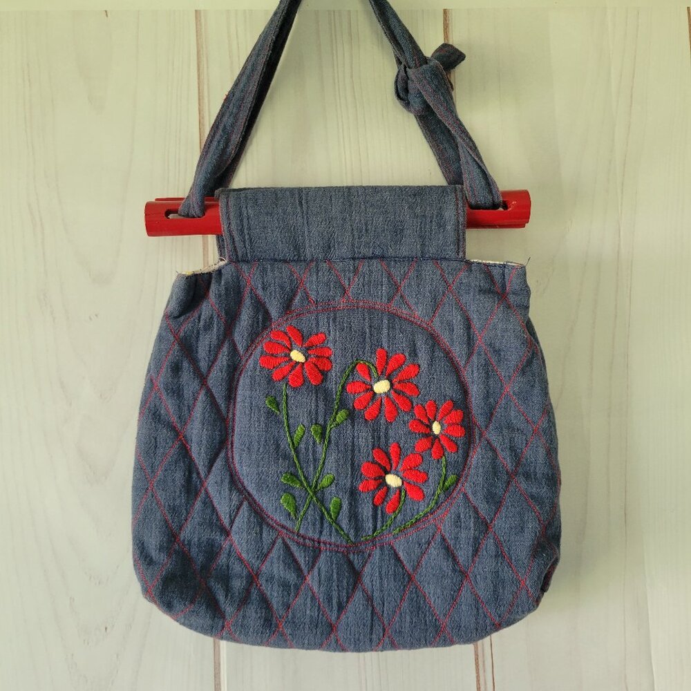 Vintage 1970’s Handmade Reversible Denim Handbag Purse. Embroidered, Quilted Bag